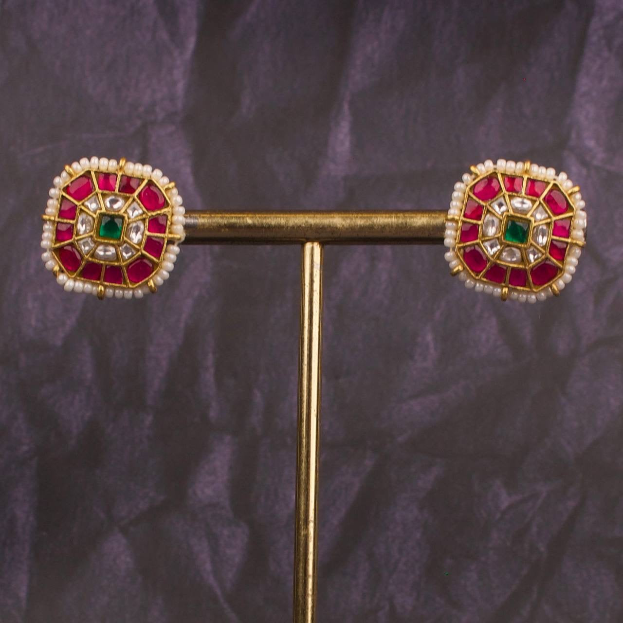 Multi Colour Jadau Kundan Stud Earrings With Pearl Bordering