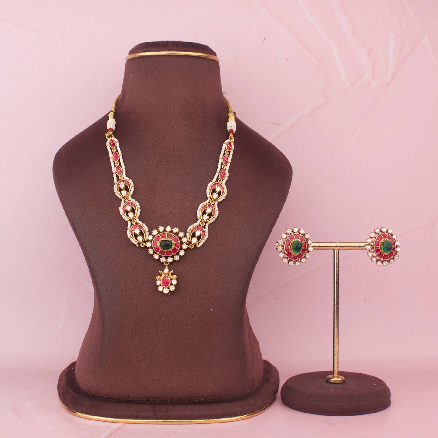 Jadau Kundan Necklace Set with Green Center Pendant