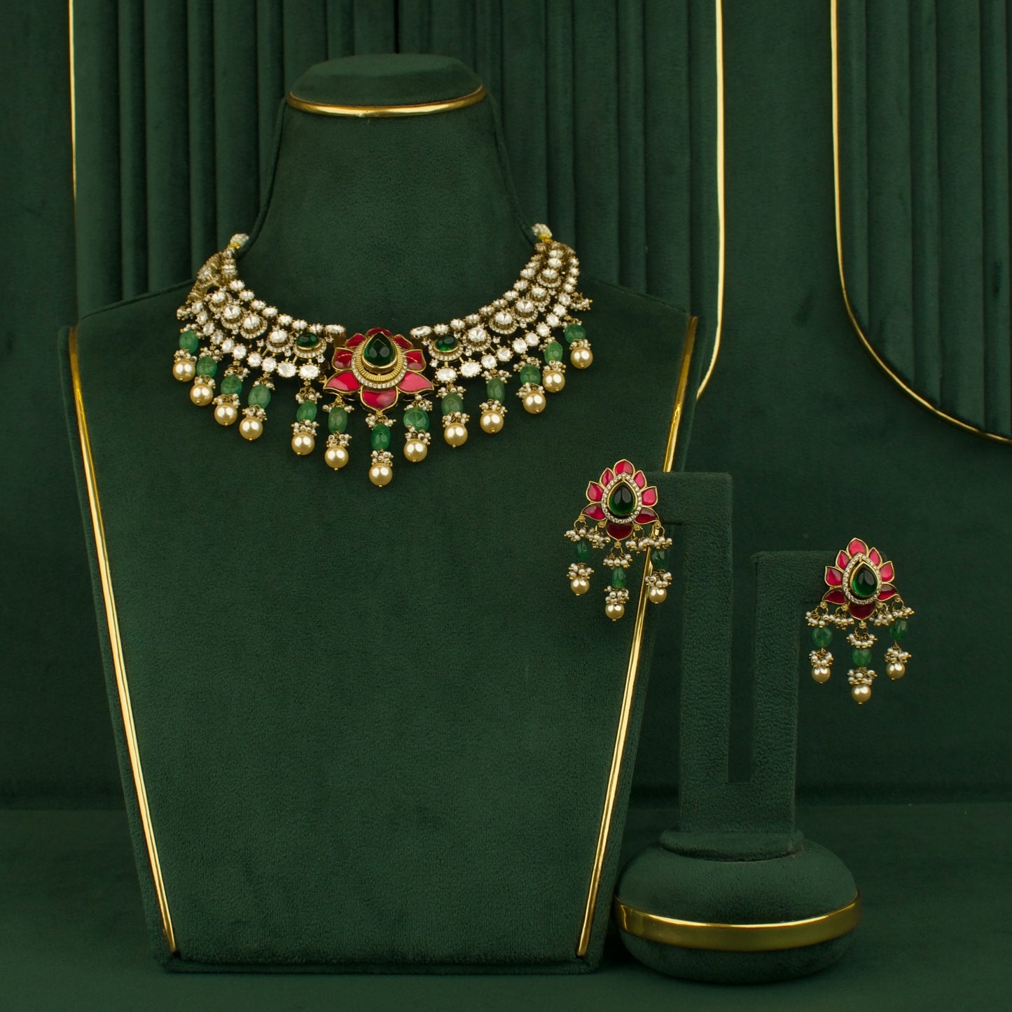 Graceful Victorian Fusion Kundan Polki Necklace With Earrings