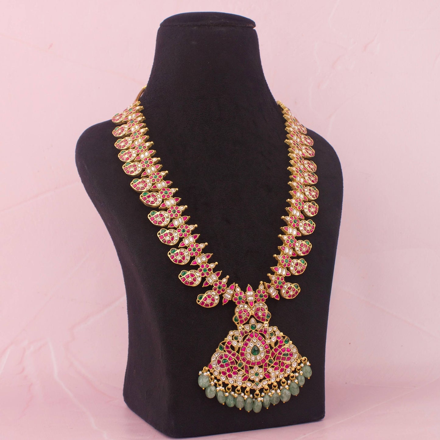 Close-Up Detail View of Royalty - Inspired Jadau Kundan Long Mango Haram | Dulhan Jewels