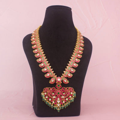 Bridal Mango Necklace With Peacock Pendant And Emerald Green Beads