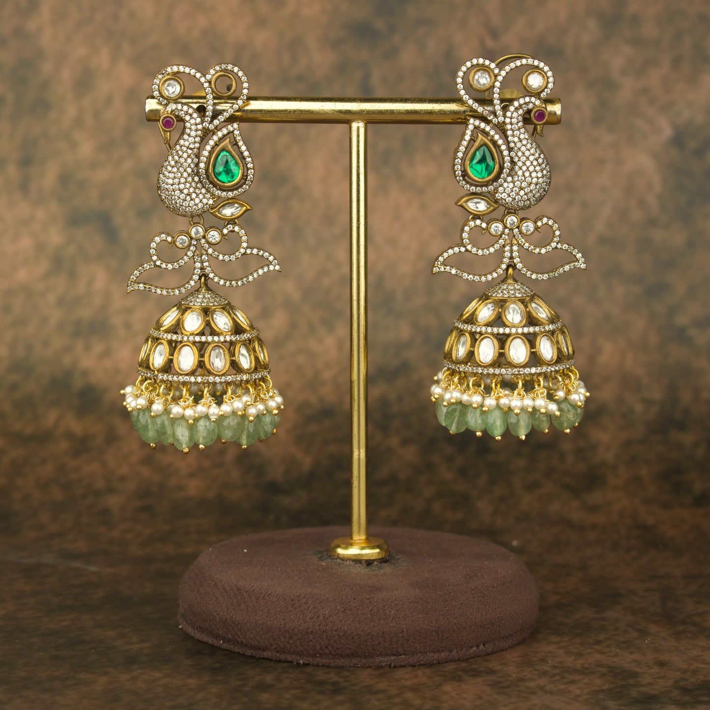 Victorian Peacock Jhumka with kundan polki stones