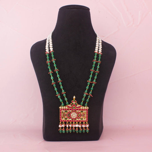 Bridal Jadau Kundan Long Haar With Green Beads And Pearl Accents