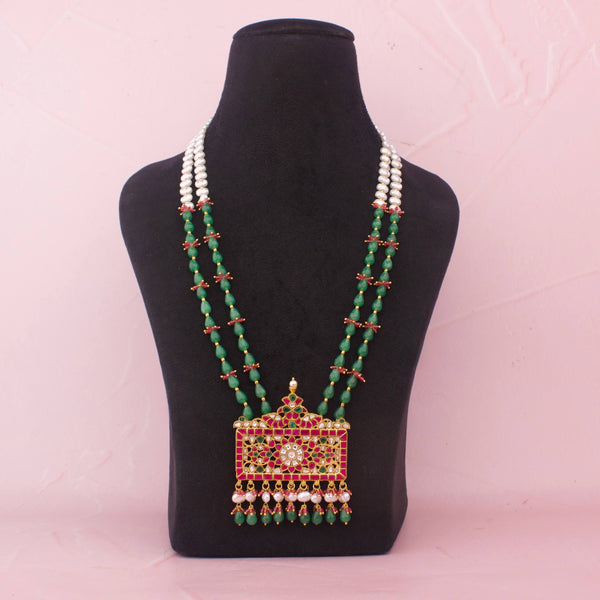 Bridal Jadau Kundan Long Haar With Green Beads And Pearl Accents
