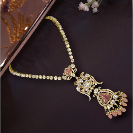 Exclusive Victorian Necklace Set with zircon, moissanite polki stones, peacock motif, pearls, and beads , including matching earrings. Available in a pink Colour Variant.