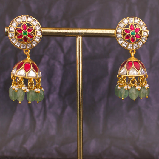 Beauteous Floral Design Studded Jadau Kundan Jhumki - DULHAN JEWELS