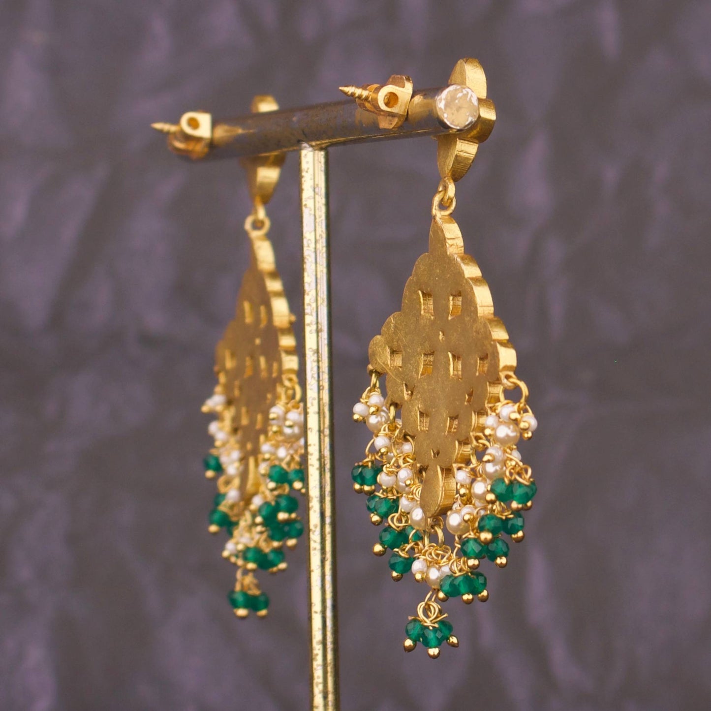 Elegant Jadau Kundan Chandbali Earrings With Green Drops