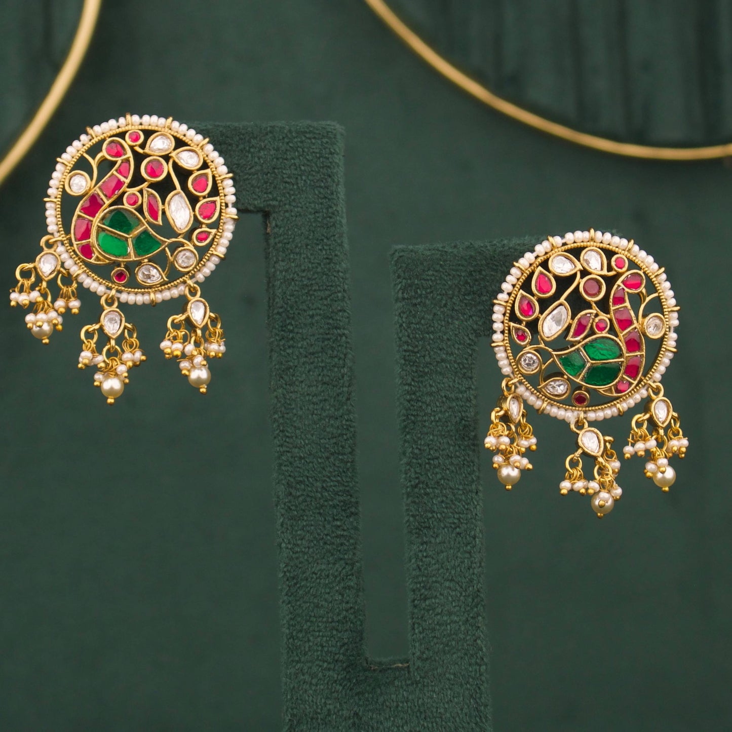 Peacock Design Victorian Stud Earrings With Pearl Bordering