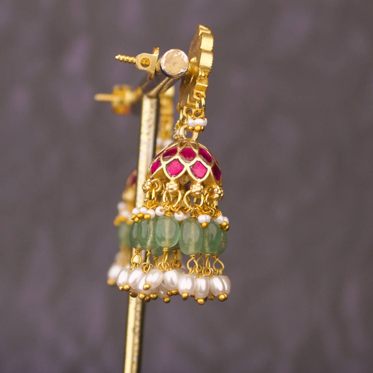 Antique Laxmi Devi Jadau Kundan Bridal Jhumkas - Alternate View 1