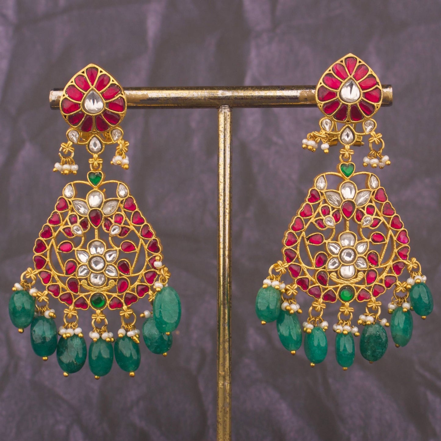 Elegant Jadau Kundan Chandbali Earrings With Emerald Drops
