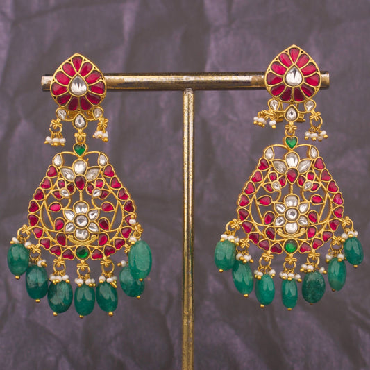 Elegant Jadau Kundan Chandbali Earrings With Emerald Drops - Premium Indian Ethnic Jewelry | Dulhan Jewels