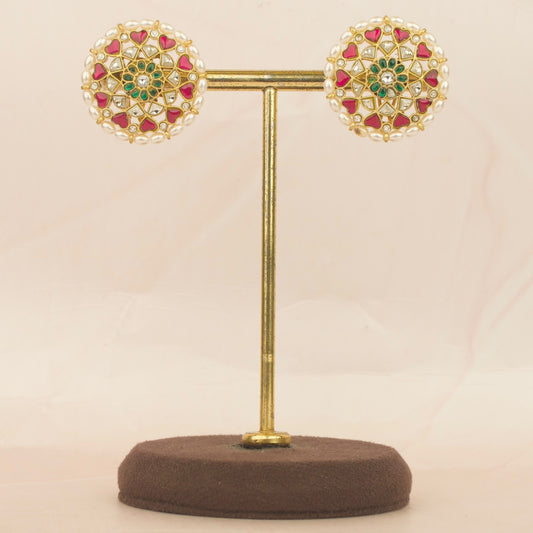Floral Studded Jadau Kundan Stud Earrings With Ricepearl Bordering