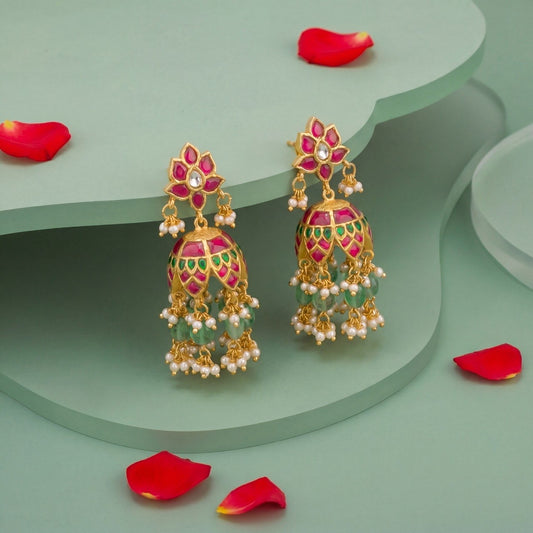 Floral Studded Jadau Kundan Jhumki Earrings