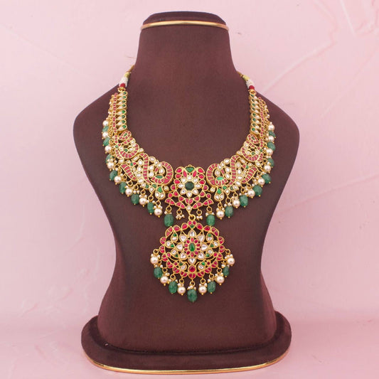 Peacock Jadau Kundan Necklace With Floral Design Locket