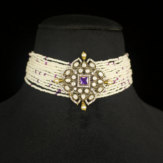 Victorian Pearl Choker Set with screw-back earrings. This Victorian Jewellery is available in Amethyst, Emerald, and Ruby colour variants.