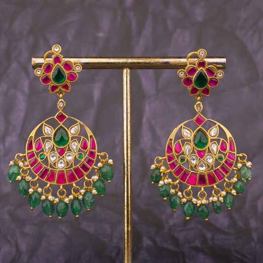 Festive Jadau Kundan Chandbali Earrings With Green Stone Beads