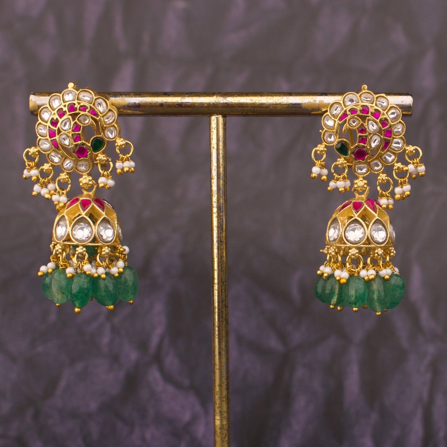 Spiral Jadau Kundan Jhumka Earrings With Pearl And Beads Hangings