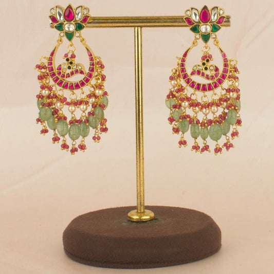 Lotus Design Studded Jadau Kundan Chandbali with Beads Hanging