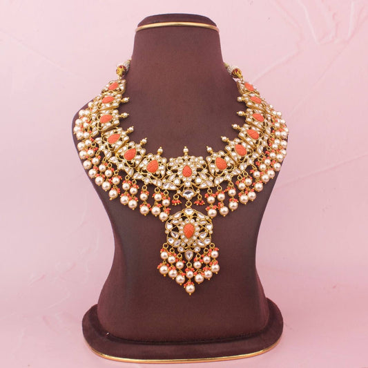 Bridal Jadau Kundan Necklace With Coral Stones And Hangings