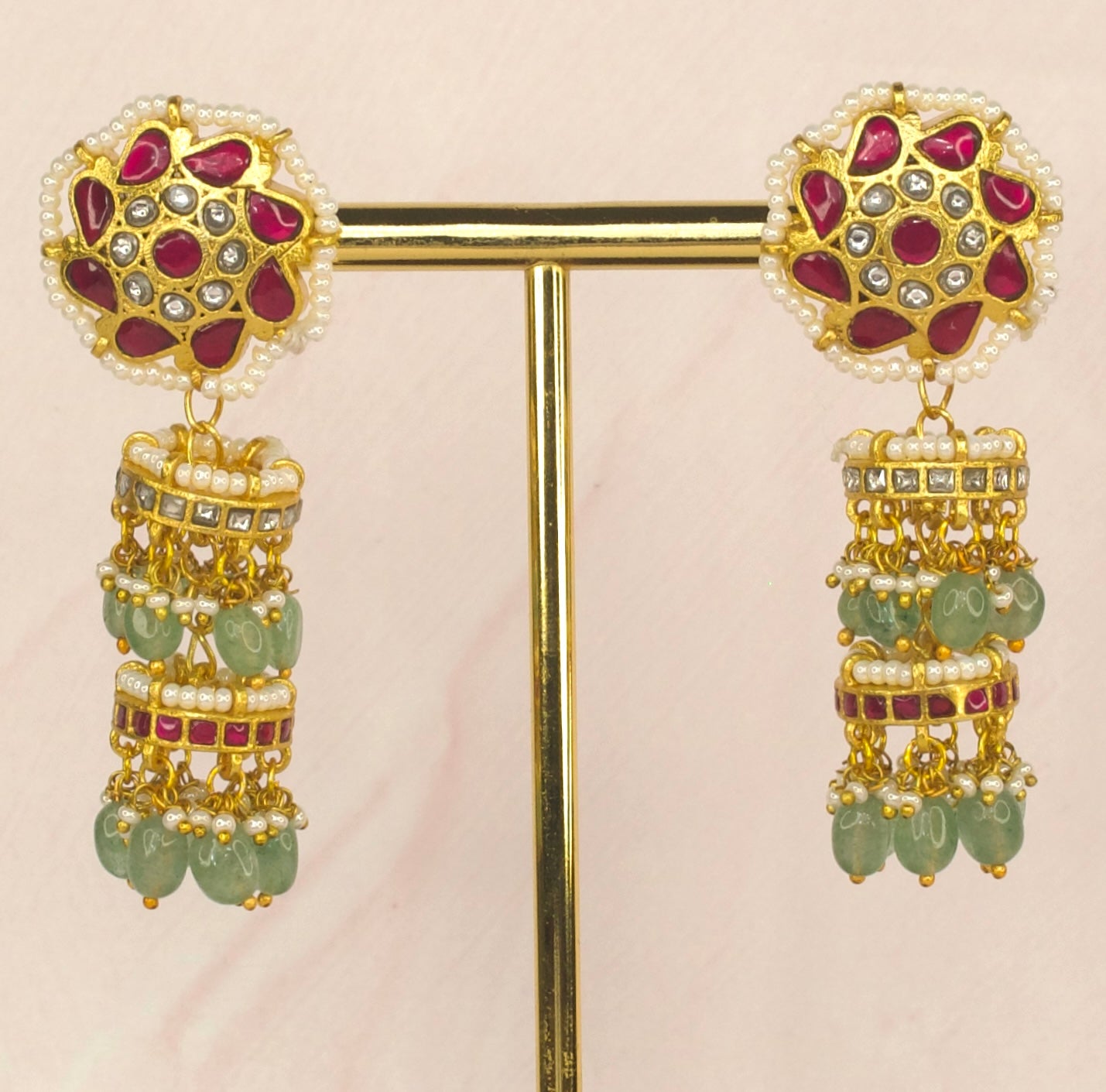 Pearl-Accented Jadau Kundan Jhumkas with Emerald Beads