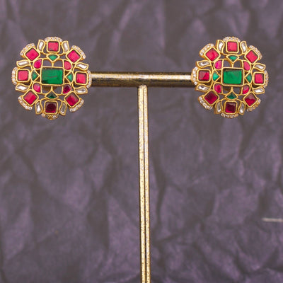 Unique Pink And Emerald Green Kundan Stud Earrings