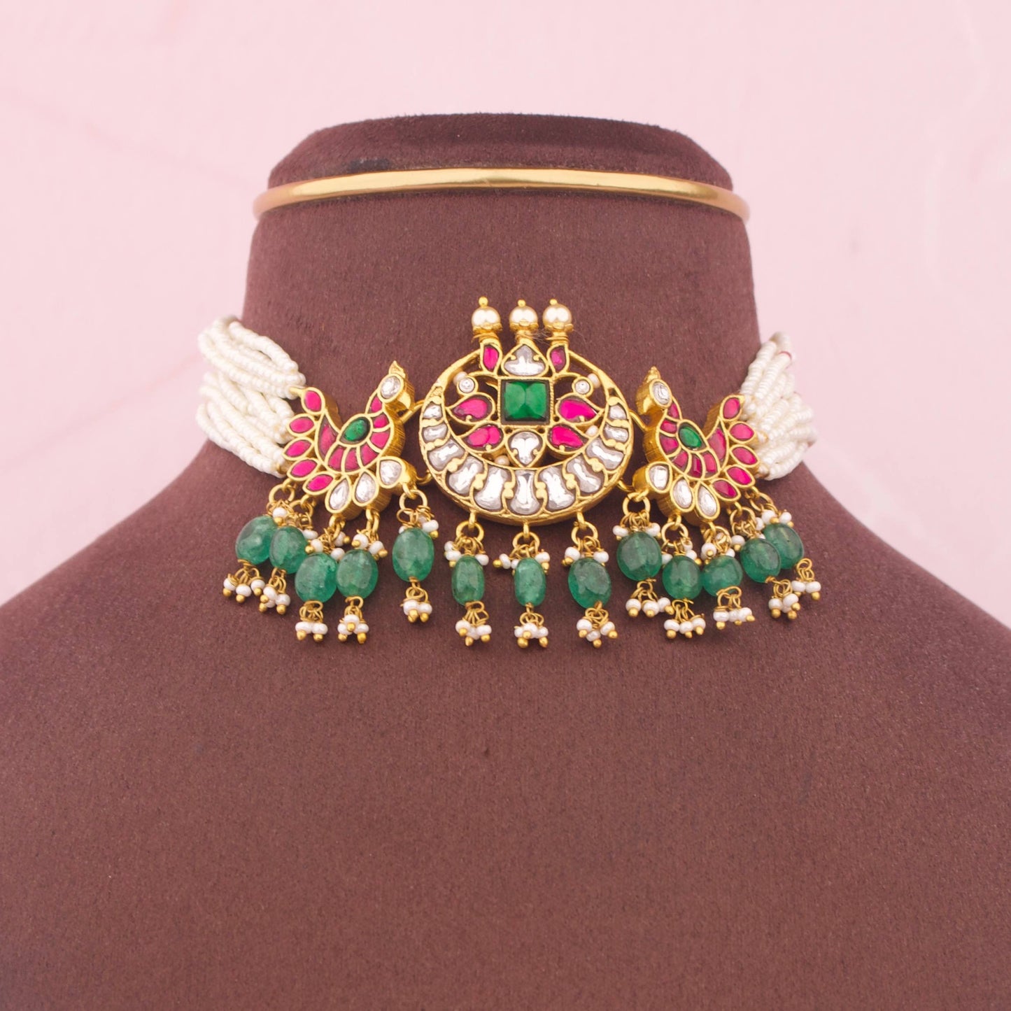 Elegant Jadau Kundan Choker With Emerald Drops