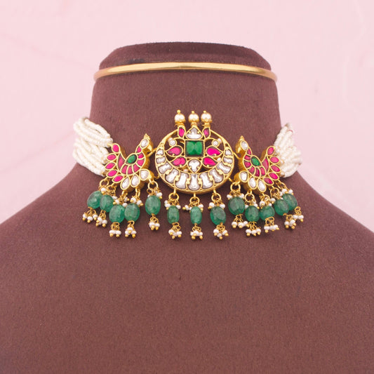 Premium Elegant Jadau Kundan Choker With Emerald Drops for traditional celebrations