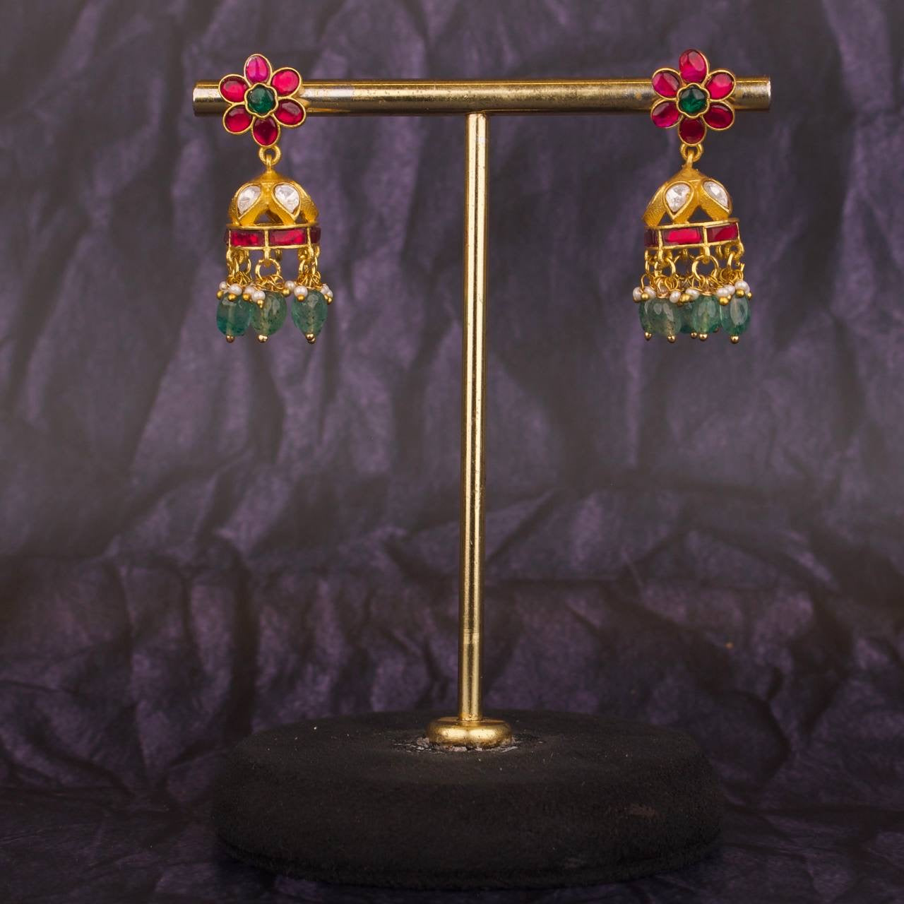 Cute Floral Studded Jadau Kundan Jhumki Earrings