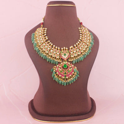 Bridal Jadau Kundan Necklace With Green Hangings