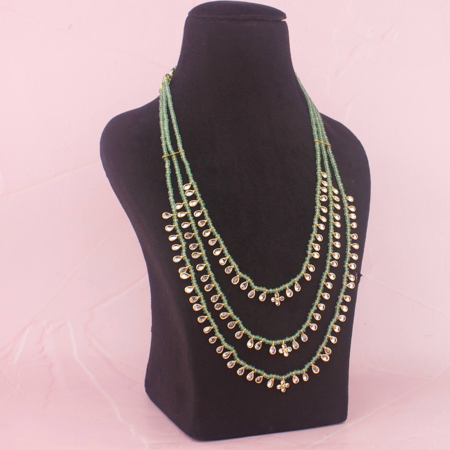 Elegant Multi Layer Bead Kundan Pearl Necklace Craftsmanship & Detail View - Dulhan Jewels