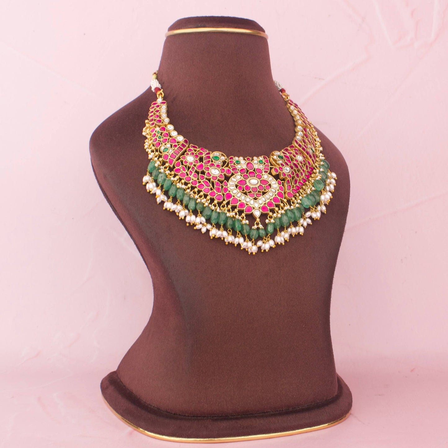 Royal Jadau Kundan Choker Necklace With Emerald  Drops
