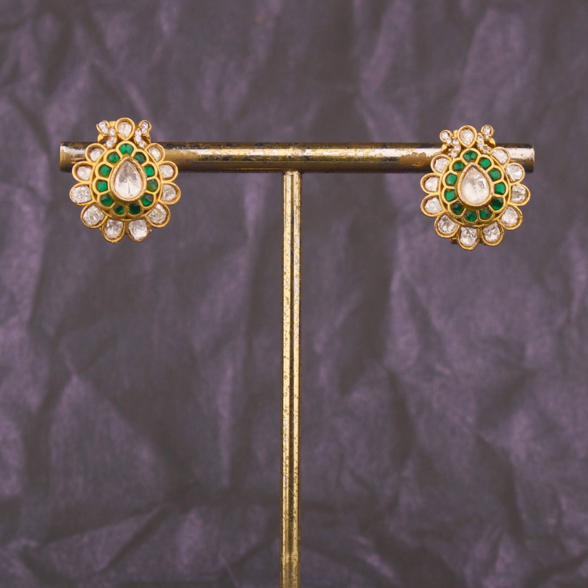 Radiant Emerald Jadau Kundan Stud Earrings Craftsmanship & Detail View - Dulhan Jewels