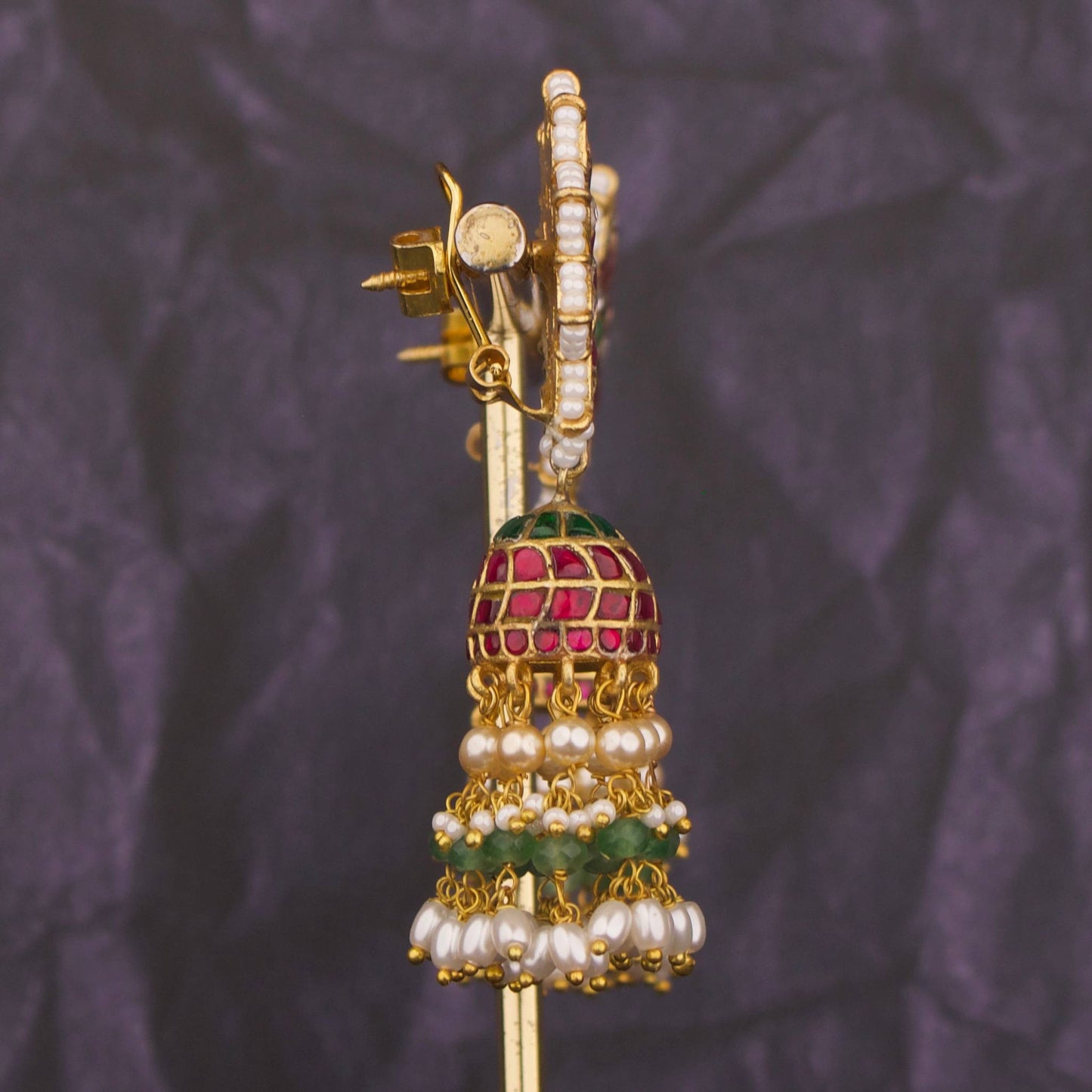 Charming Floral Studded Jadau Kundan Jhumki With Guttapusalu Hangings - Alternate View 1