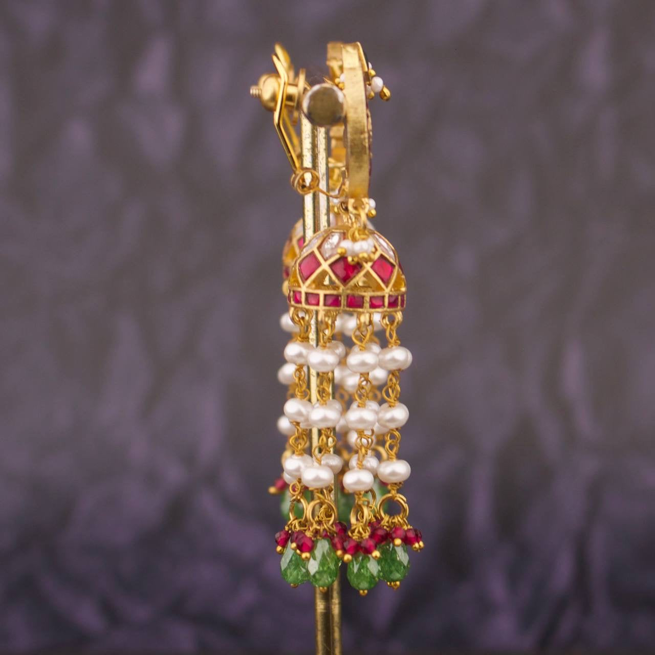 Exquisite Jadau Kundan Long Jhumki With Pearls & Green Drops