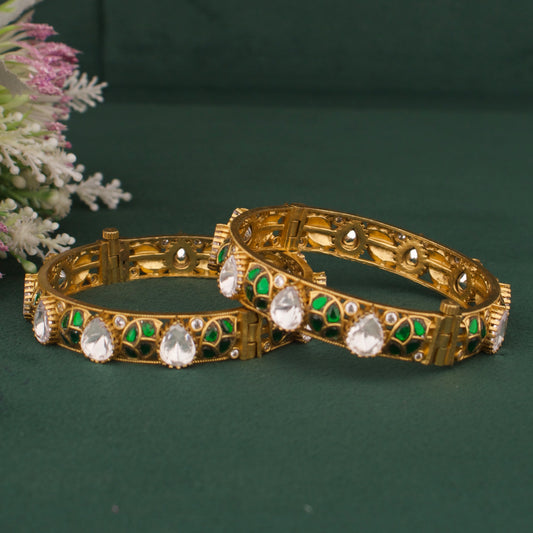 Elegant Victorian Polki Bangles With Ruby And Emerald Leaf Design in Antique Gold Finish