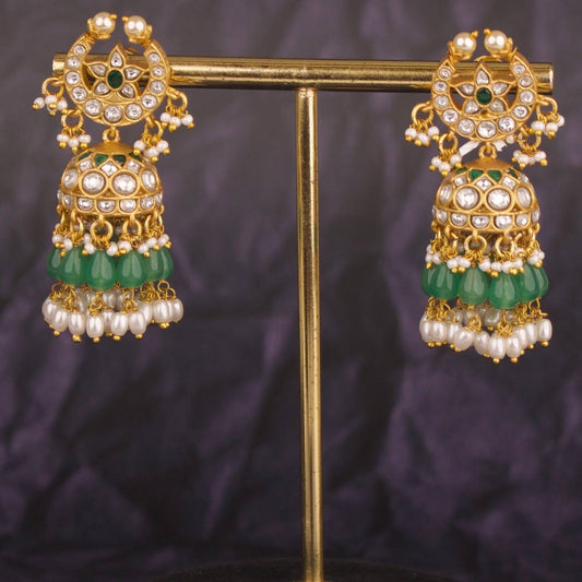 Chand Shaped Jadau Kundan Jhumki With Guttapusalu Hangings