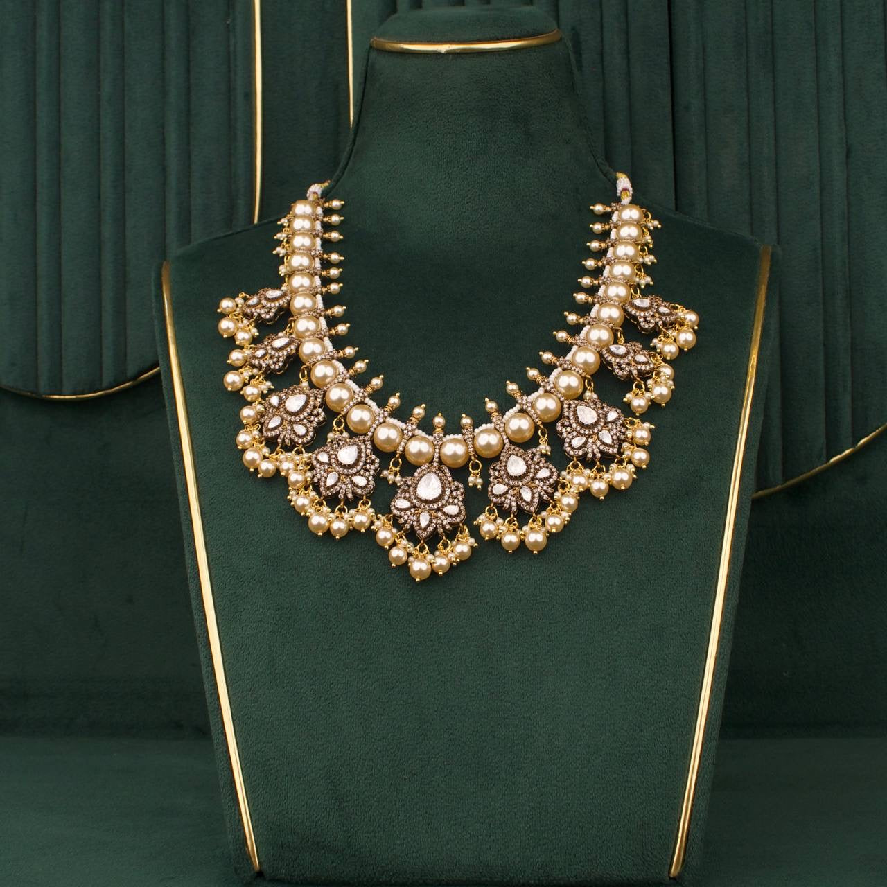 Designer Polki Swarovski Pearl Victorian Necklace Set With Matching Earrings