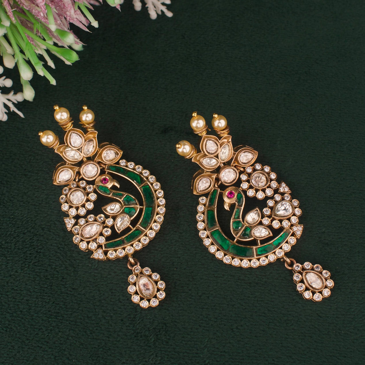 Bridal Peacock Design Fusion Kundan & Polki Victorian Pendant Set Styling Angle View 4 - Dulhan Jewels