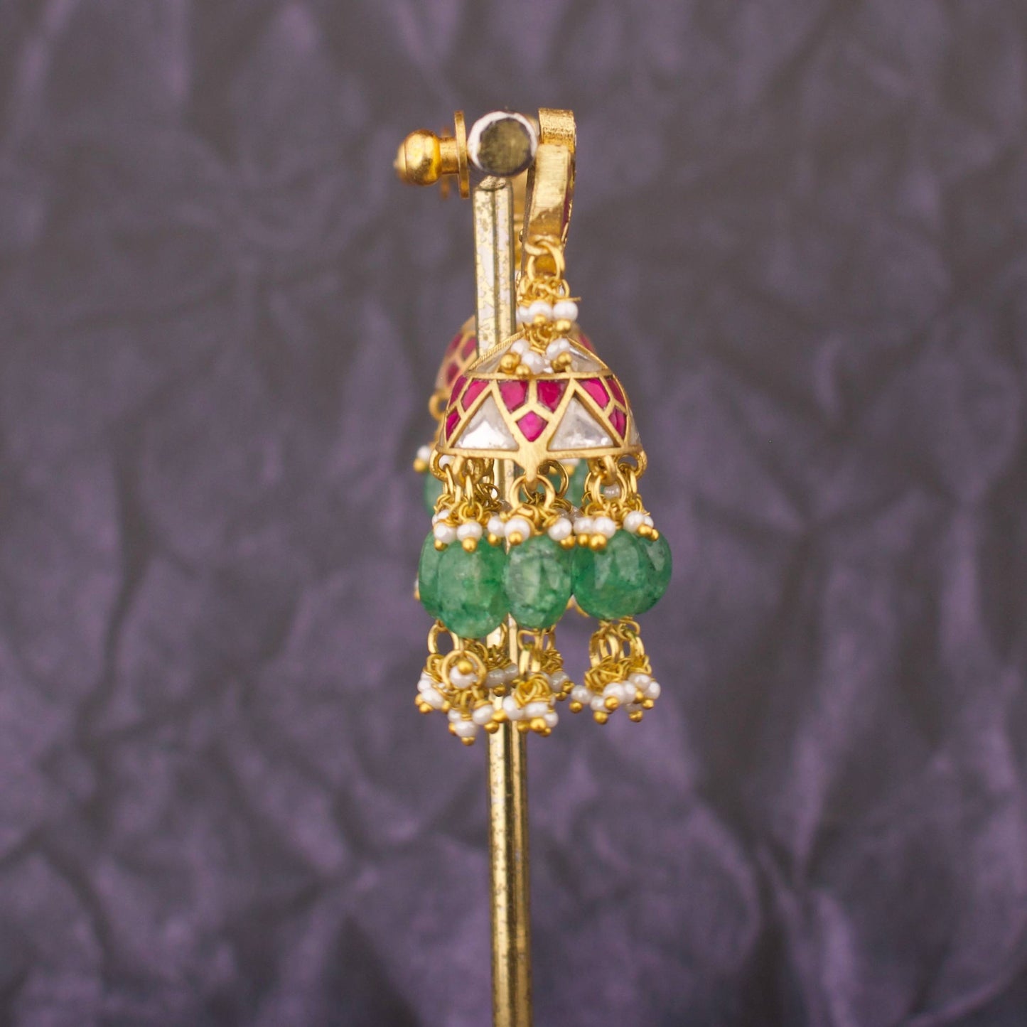Crescent Moon Jadau Kundan Jhumka Earrings With Emerald Beads And Pearl Drops