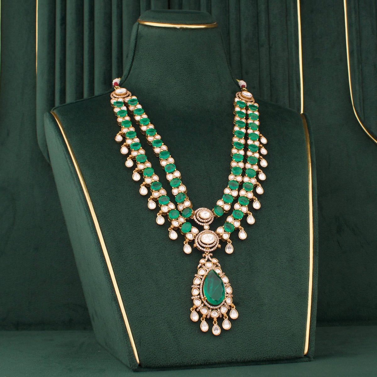 Ethnic Double Layer Victorian Necklace With Matching Earrings Close-up Design & Gemstone Detailing - Dulhan Jewels