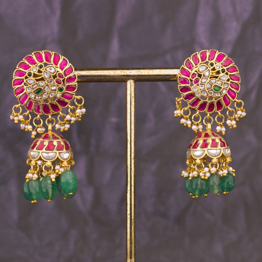 Regal Peacock Jadau Kundan Jhumka Earrings With Emerald Drops