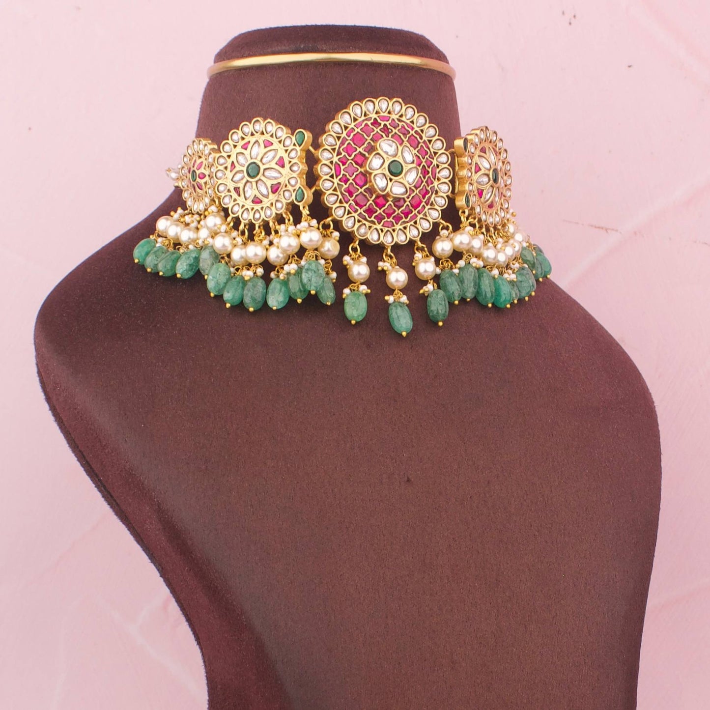 Radiant Bridal Jadau Kundan Choker With Green Drops