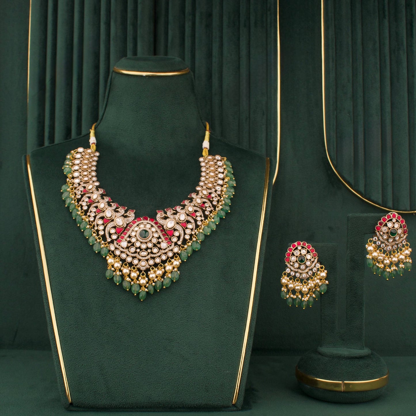 Lavish Victorian Necklace Set with Green Beads And Matching Earrings