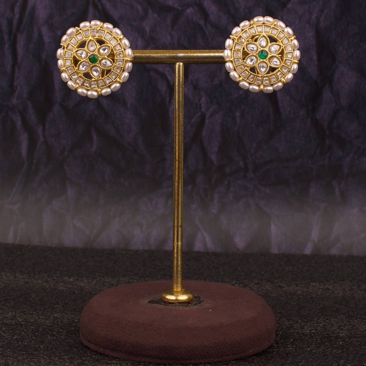 Circular Floral Design Jadau Kundan Stud Earrings With Pearl Bordering