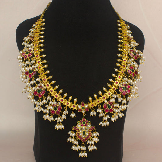 Opulent Jadau Kundan Rice pearl Guttapusalu Necklace with 22k Gold plating