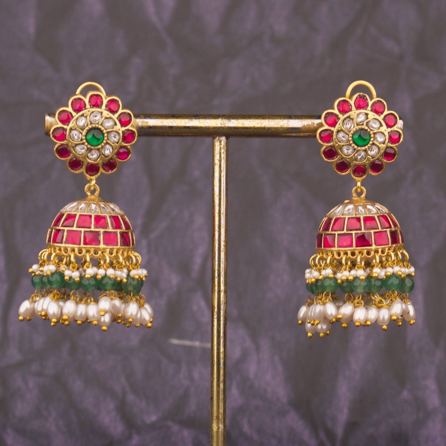 Traditional Jhumka Earrings with Green Beads And Pearl Drops