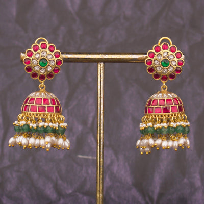 Traditional Jhumka Earrings with Green Beads And Pearl Drops