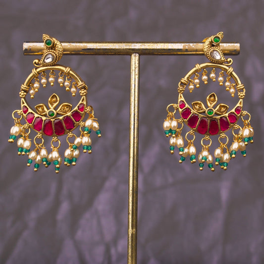Nakshi Kundan Peacock Studded Chandbali Earrings