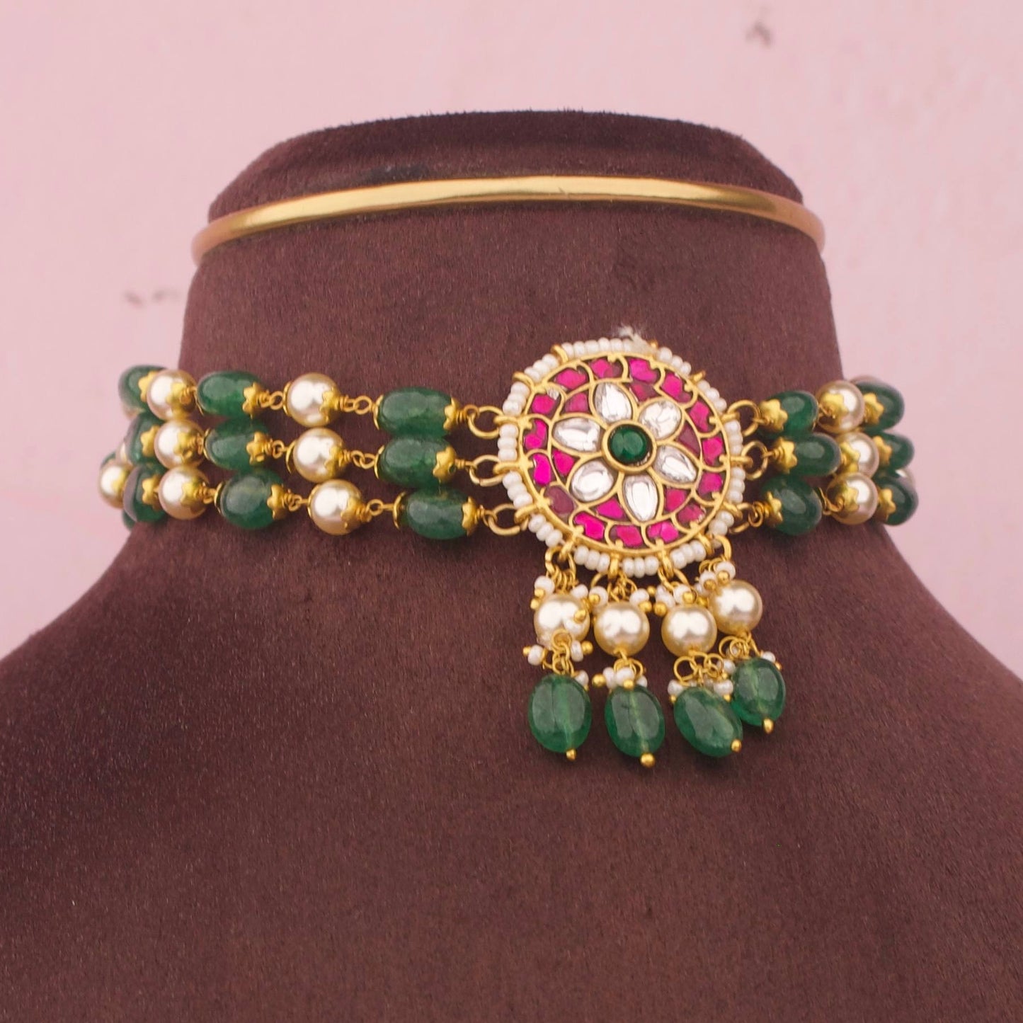 Ethnic Jadau Kundan Beads Choker Floral Pendant