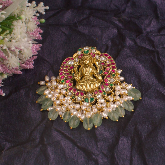 Divine Lakshmi Devi Jadau Kundan Pendant With Guttapusalu Hangings